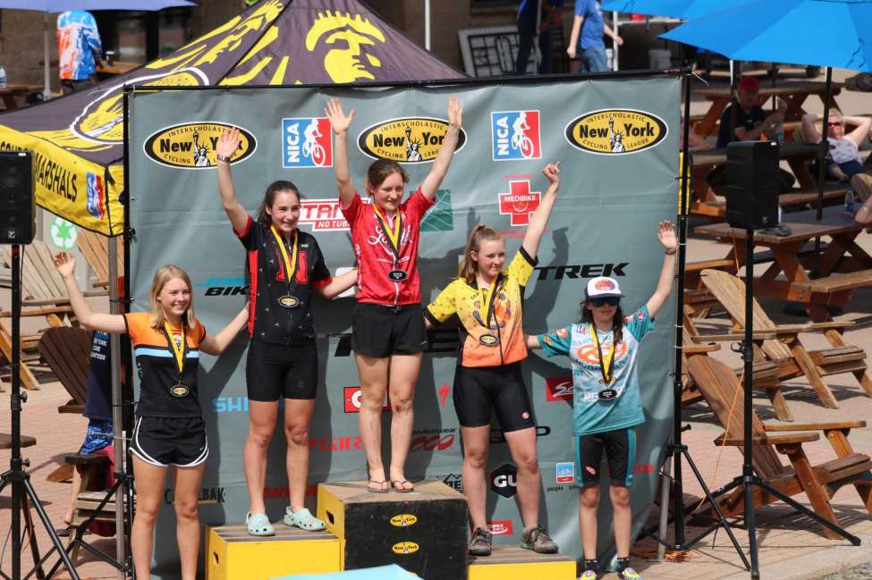 Maya Healey, second from left, on the podium at the state championship race at Windham Mountain in June 2019. She won second place in the race. (Dave Gilson photo)
