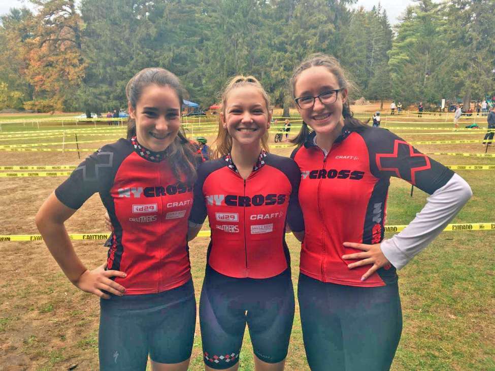 Cyclocross racers, from left, Maya Healey, Melinda Wetzel and Olivia Guzzo, all of Niskayuna, during a NYCross race in Glens Falls in October 2019. (provided)