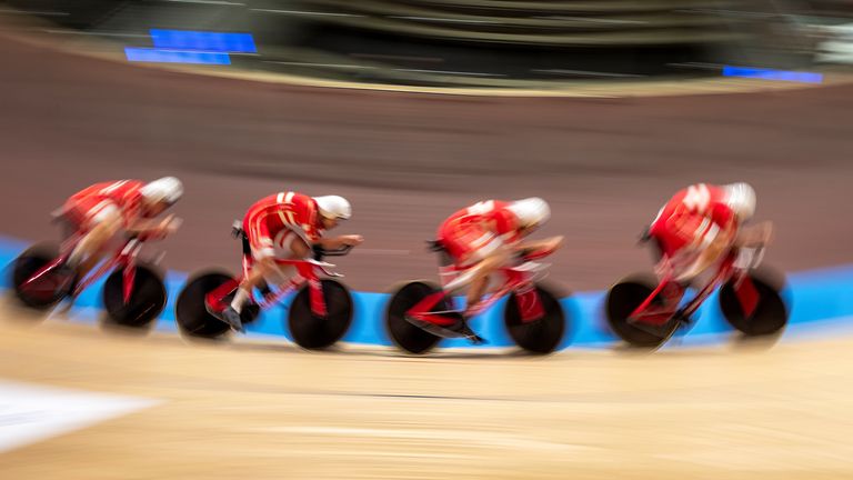 Team Denmark's Lasse Norman Hansen, Julius Johansen, Frederik Rodenberg Madsen and Rasmus Pedersen set a new world record in the Men's Team Pursuit