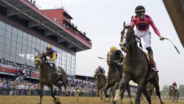 FILE - In this May 18, 2019, file photo, jockey Tyler Gaffalione, right, reacts aboard War of Will, as they crosses the finish line first to win the Preakness Stakes horse race at Pimlico Race Course, in Baltimore. A measure in Maryland to redevelop Pimlico Race Course to keep the second leg of horse racing's Triple Crown in Baltimore is scheduled for a hearing before state lawmakers. The “Racing and Community Development Act of 2020” is set for a hearing before the House Ways and Means Committee on Tuesday, Feb. 25, 2020. (AP Photo/Steve Helber, File)