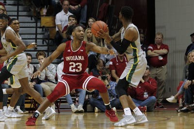 Then-freshman forward Damezi Anderson guards a Chicago State player in 2018. Anderson announced Thursday on Instagram he was entering the transfer portal.