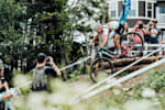 Pauline Ferrand-Prévot rides over a drop at Snowshoe Bike Park in West Virginia, USA.