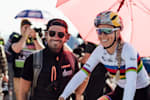 Pauline Ferrand-Prevot and mechanic warm up ahead of Snowshoe race.